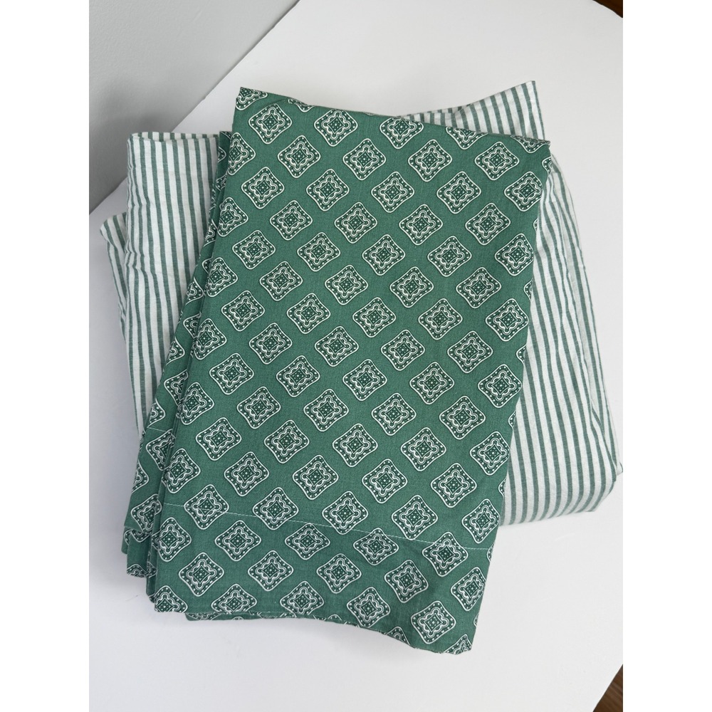 Vintage Scandia Down 3pc Sheet Set Queen Green Geometric Striped USA Made Cotton
